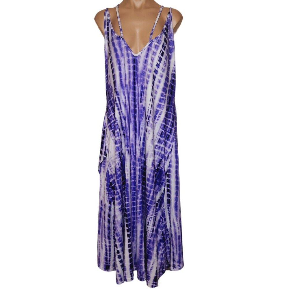 Womens Boho V-Neck Strappy Tie Dye Long Maxi Dress Summer Beach Party Dress